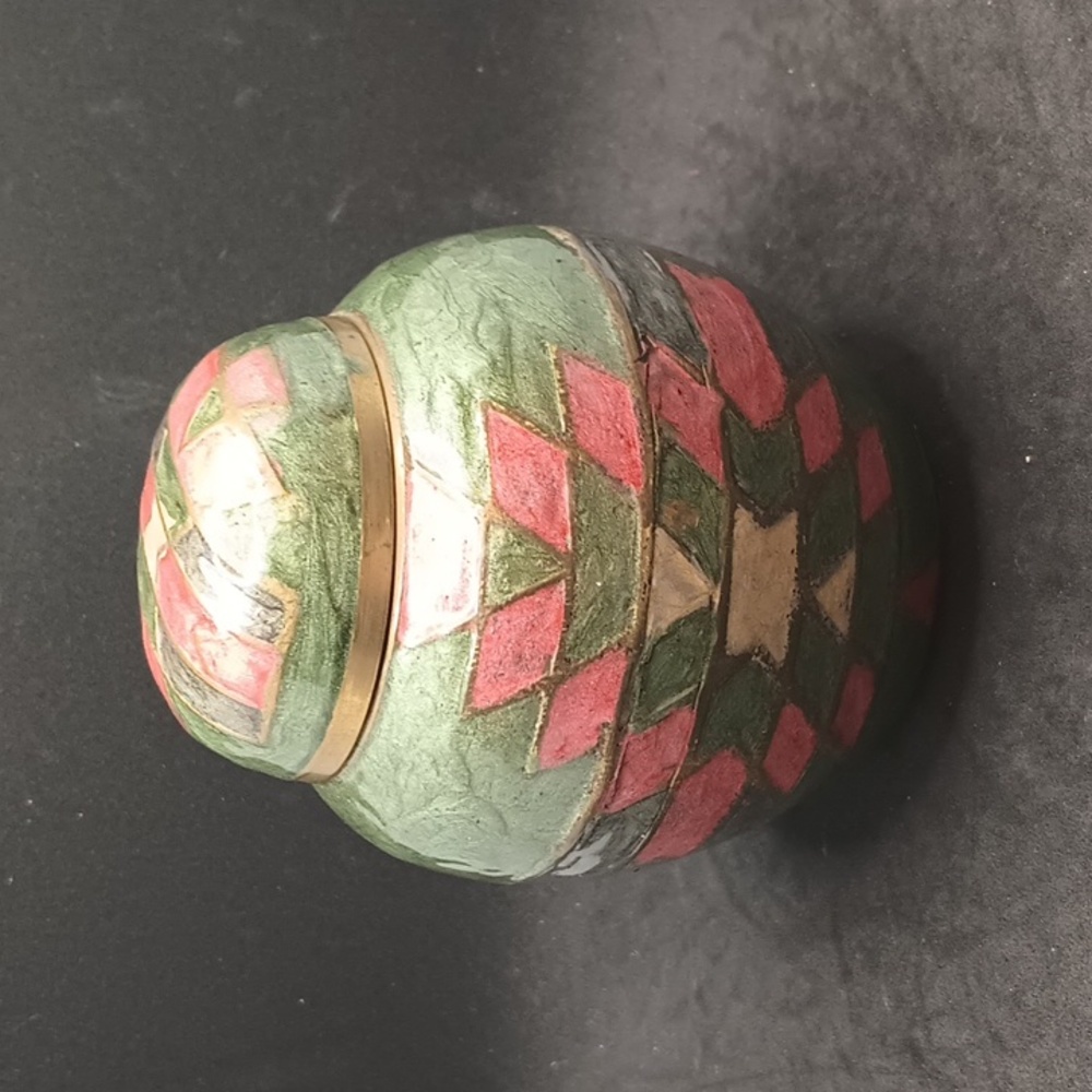 Vintage green pink gold colored painted metal jar